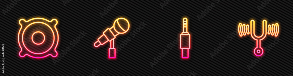 Set line Audio jack, Stereo speaker, Microphone and Musical tuning fork. Glowing neon icon. Vector