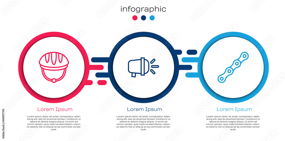 Set line自行车头盔、头灯和链条。商业信息图模板。Vector