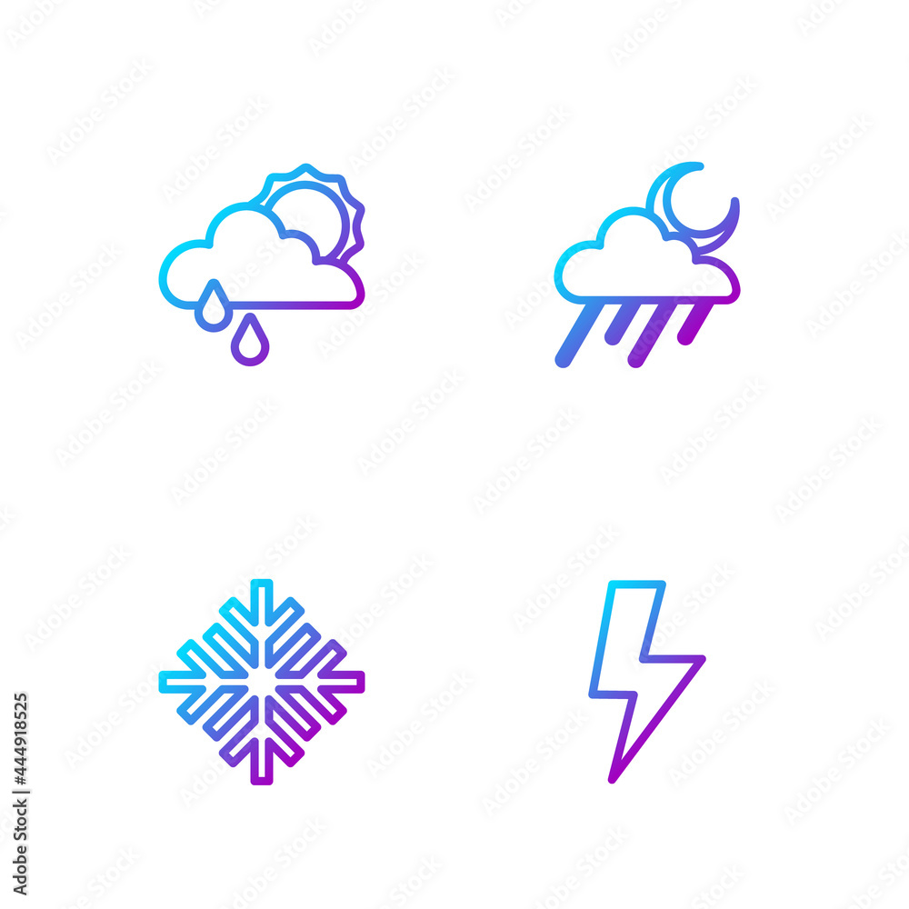 Set line Lightning bolt, Snowflake, Cloud with rain and sun and moon. Gradient color icons. Vector