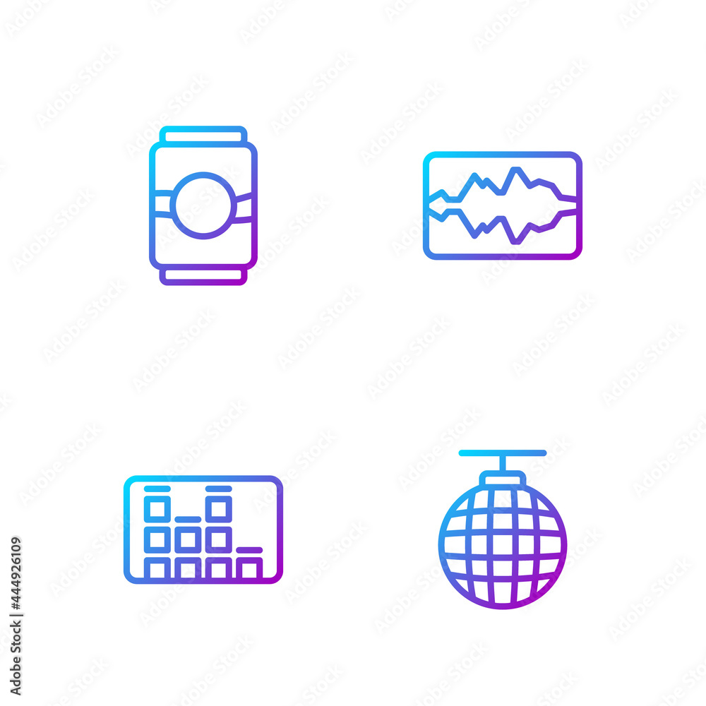 Set line Disco ball, Music equalizer, Beer can and wave. Gradient color icons. Vector