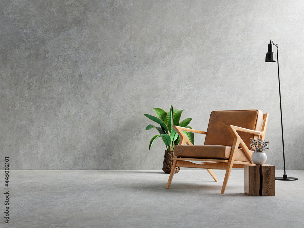 Living room interior in loft apartment with armchair,concrete wall.