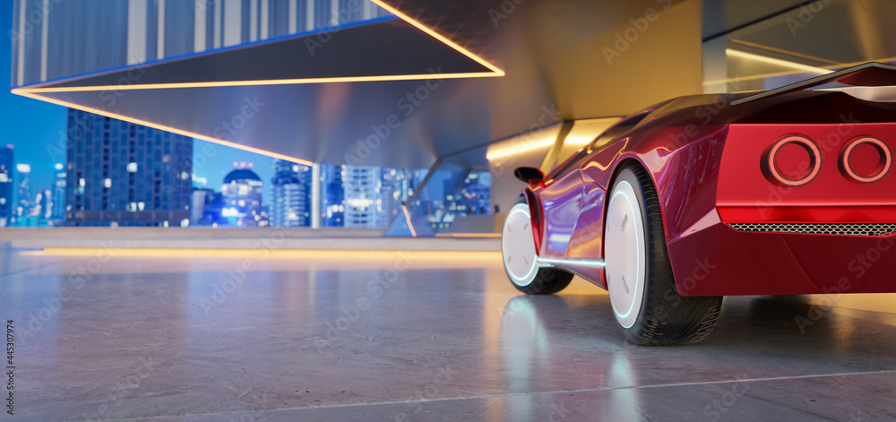 Closeup non-existent brand-less generic concept red electric car. 3D illustration rendering