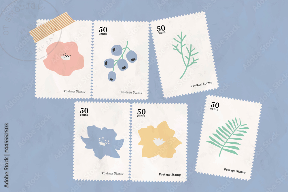 Botanical stamp collection on blue background vector