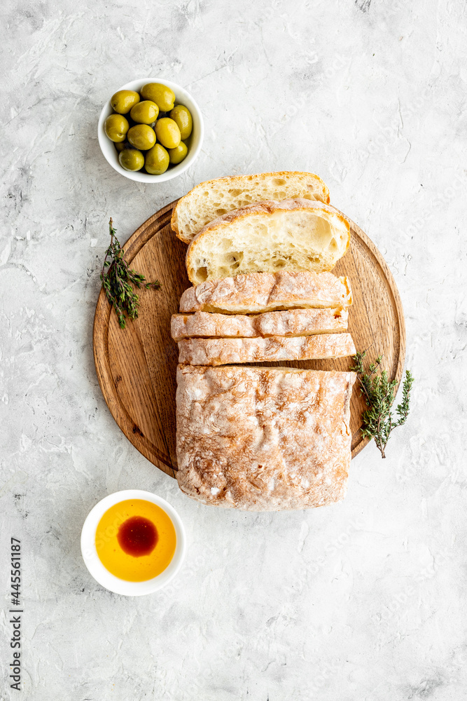 Bread with olive oil and balsamic vinegar. Italian food appetizer