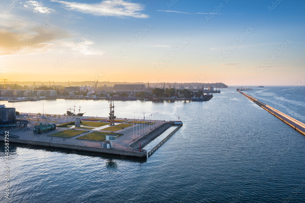 Aerial landscape of the harbor in Gdynia with modern architecture at sunset. Poland