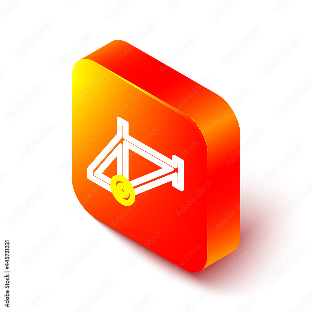 Isometric line Bicycle frame icon isolated on white background. Orange square button. Vector