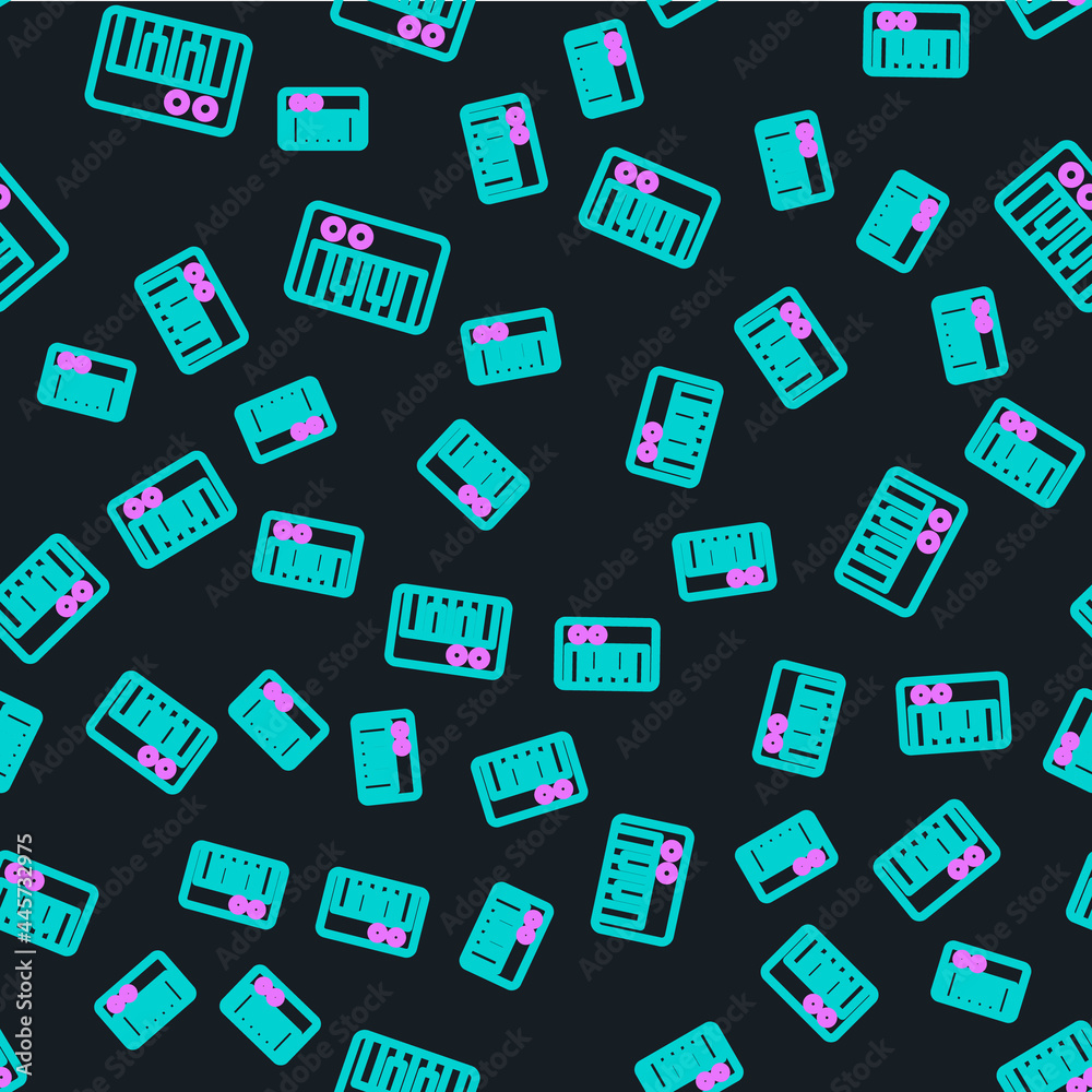 Line Music synthesizer icon isolated seamless pattern on black background. Electronic piano. Vector