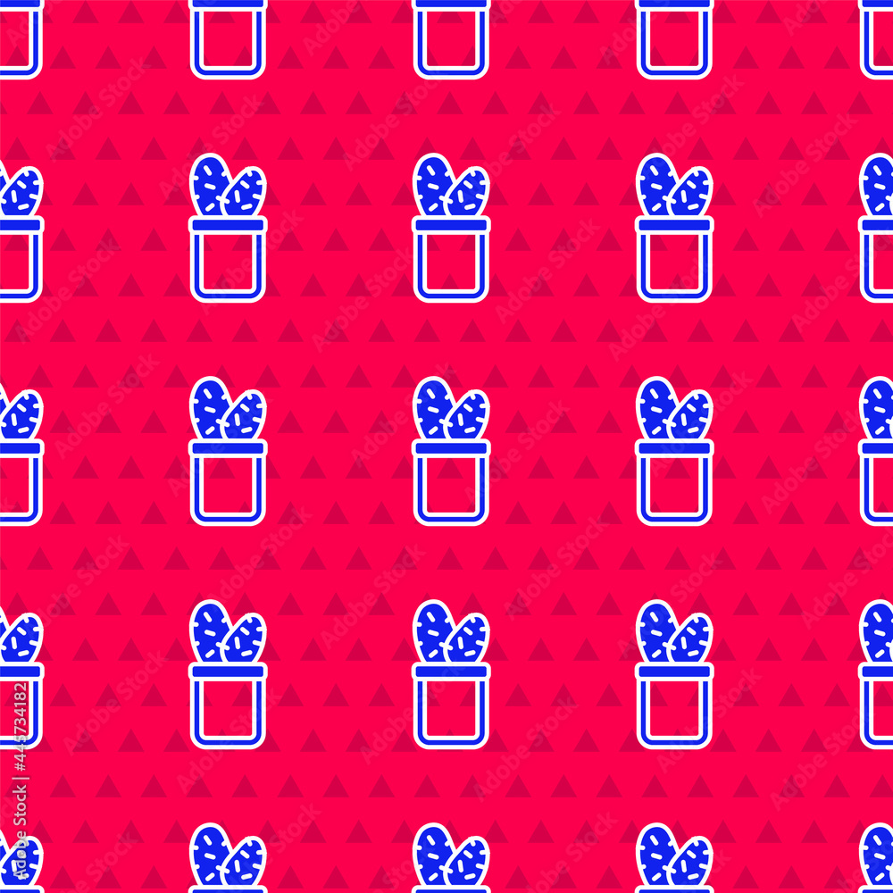 Blue Cactus peyote in pot icon isolated seamless pattern on red background. Plant growing in a pot. 