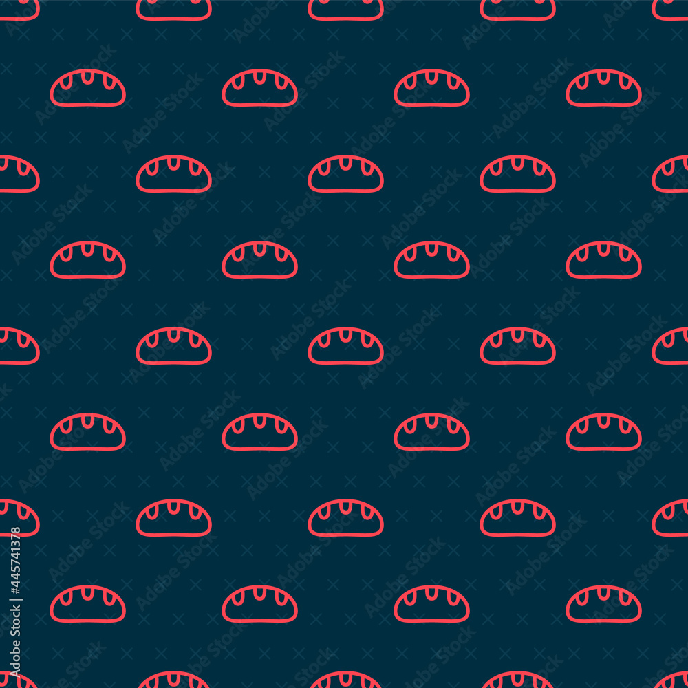 Red line Bread loaf icon isolated seamless pattern on black background. Vector