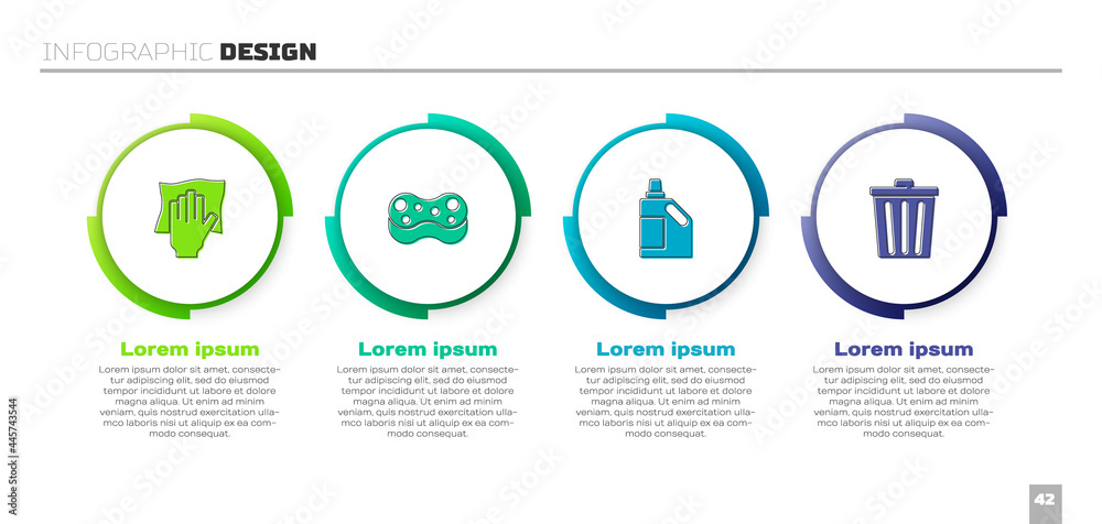 设置清洁服务、海绵、清洁剂瓶和垃圾桶。商业信息图模板