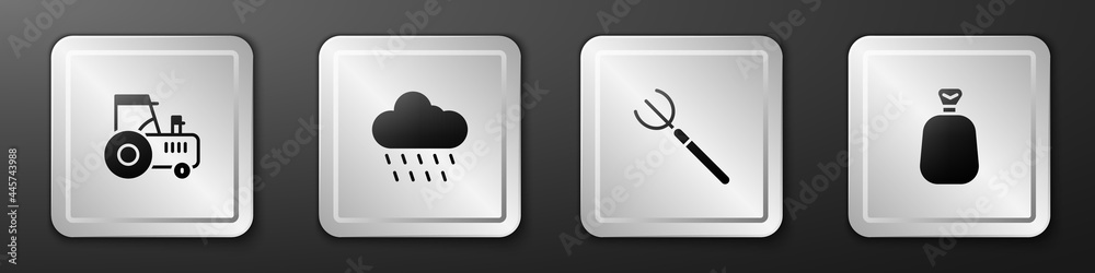 Set Tractor，Cloud with rain，Garden pitchfork and Full sack icon.银色方形按钮。Vector