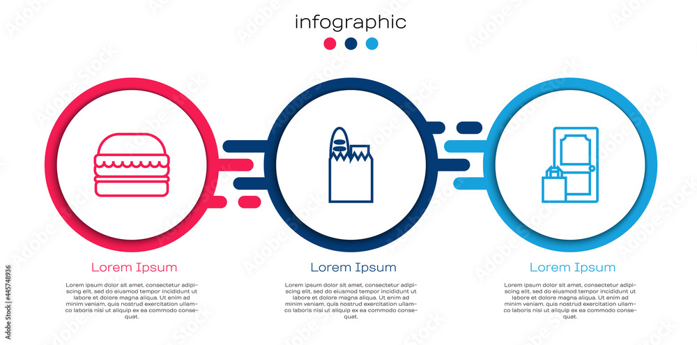 套餐汉堡、购物袋和食品以及在线订购配送。商业信息图模板。