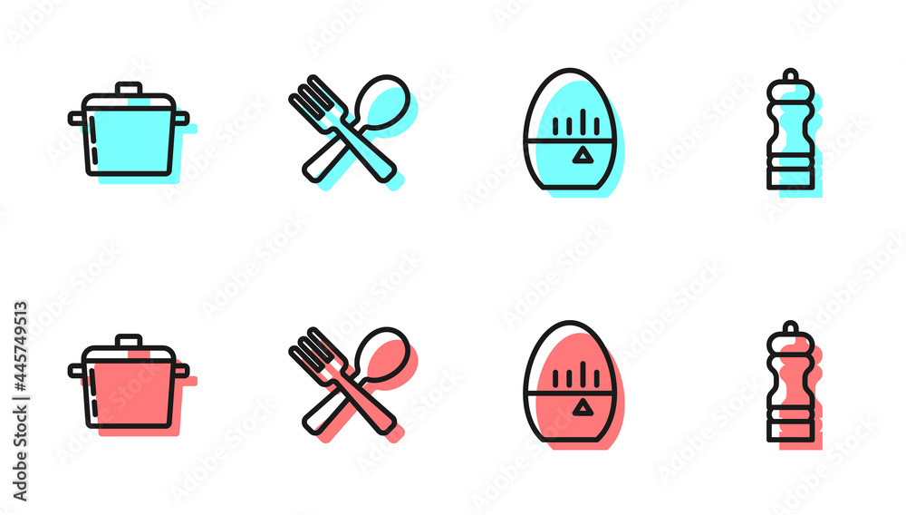 设置线厨房计时器、烹饪锅、交叉叉和勺子以及胡椒图标。矢量