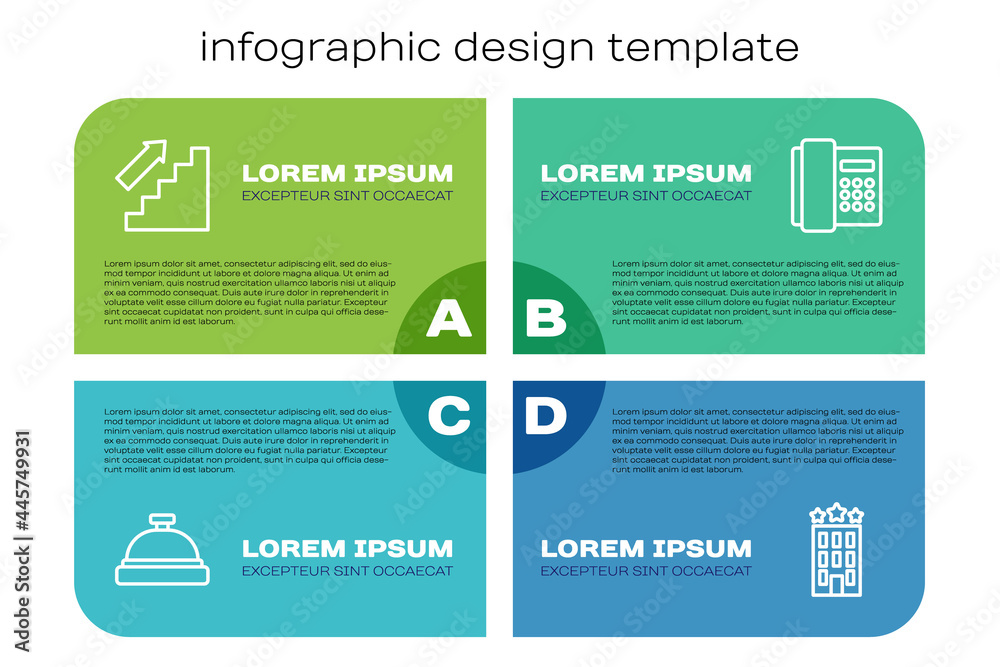 设置酒店服务铃、楼梯、大楼和电话听筒。商业信息图模板