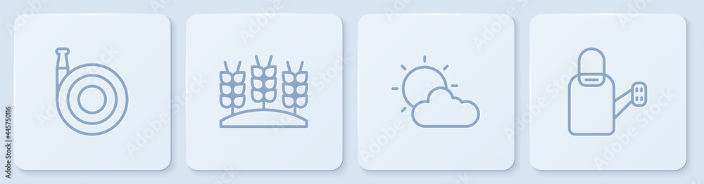 Set line Garden hose, Sun and cloud weather, Wheat and Watering can. White square button. Vector