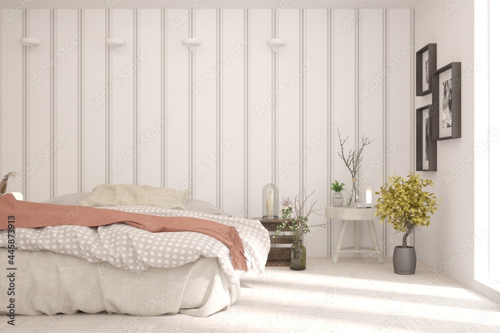 Soft color bedroom interior. Scandinavian design. 3D illustration