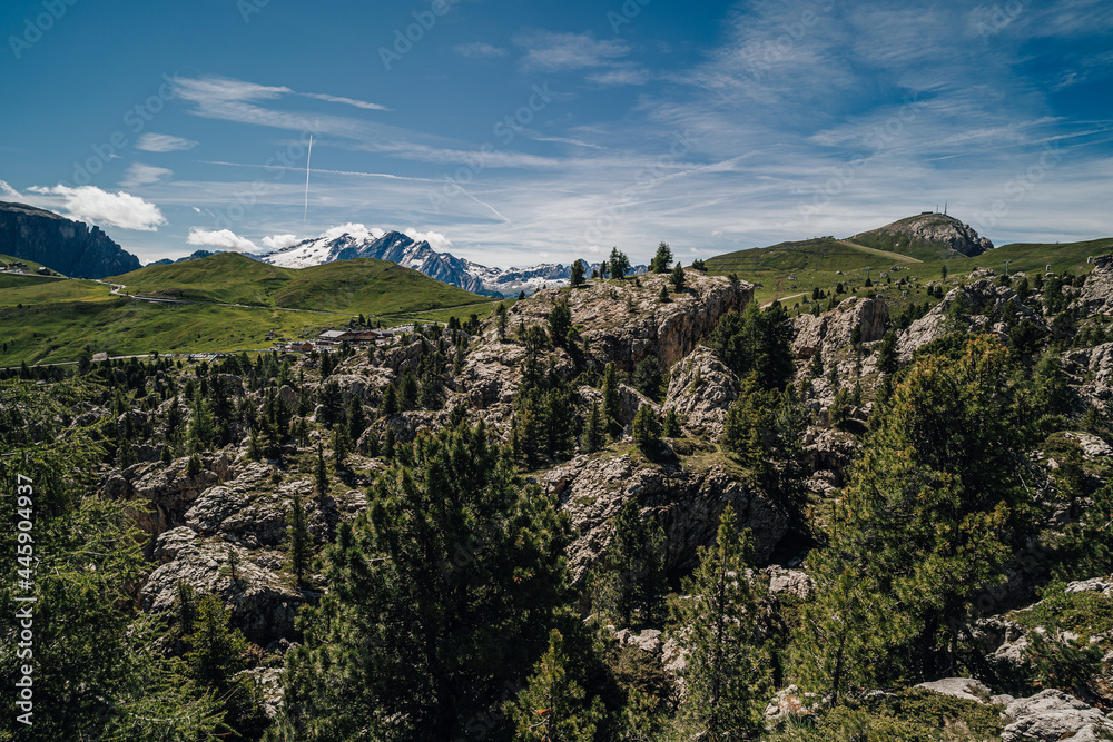 View of the Sella pass and Marmolada peak, Dolomites, Italy.