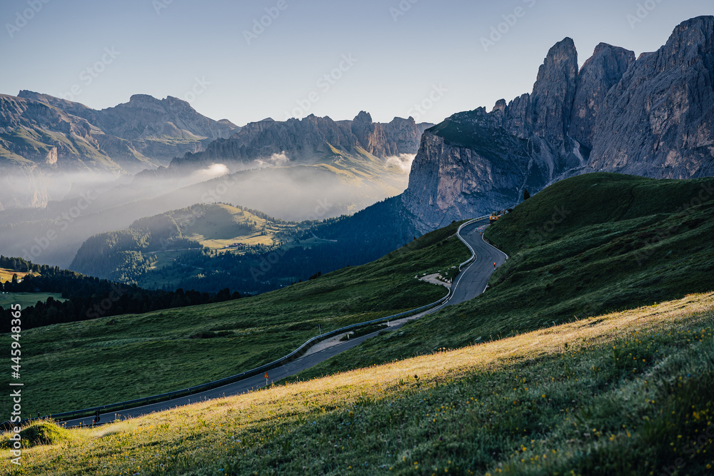 Morning sunrise view of beautiful Dolomites landscape. Sella Pass and an alpine landscape of UNESCO 