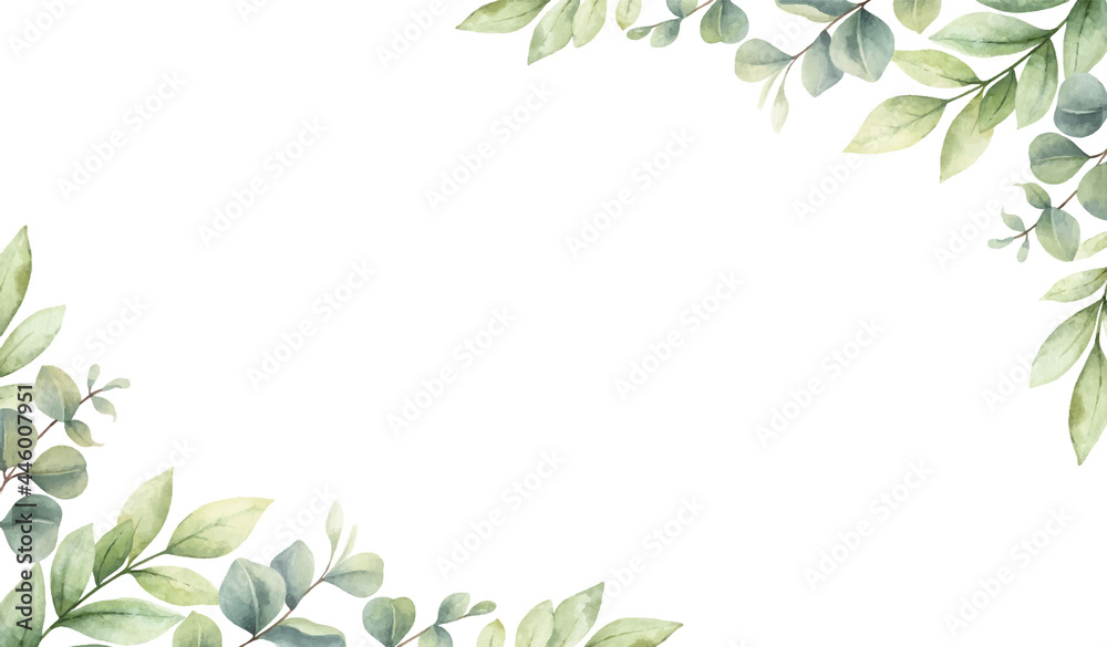 Watercolor vector card of green branches and leaves.