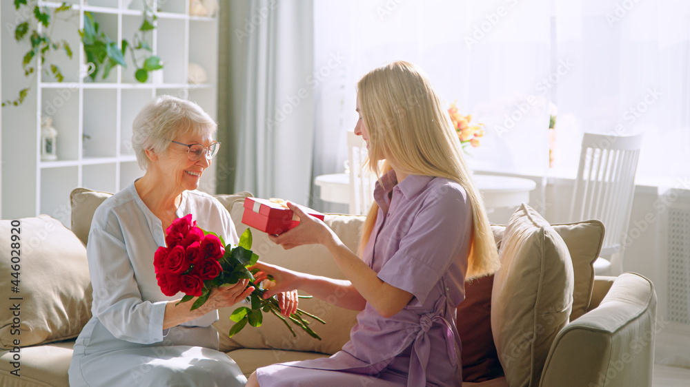 Young woman giving a red flowers to his elderly mother in a home interior. Smiling girl with her mot