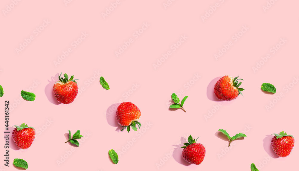 Fresh red strawberries with mints overhead view