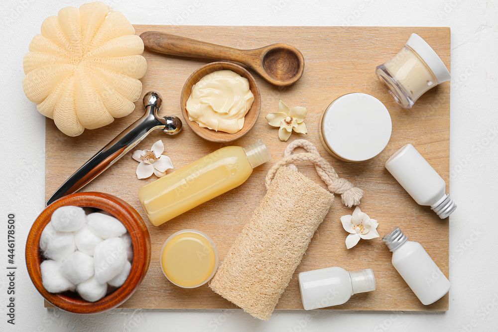 Set of bath supplies on light background