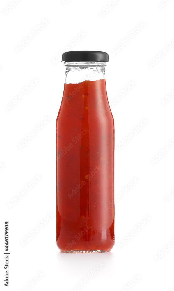 Bottle of chili sauce on white background