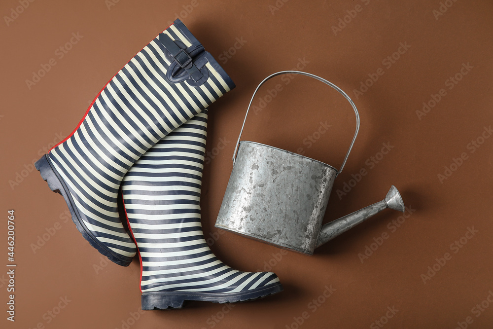 Watering can and gumboots on color background