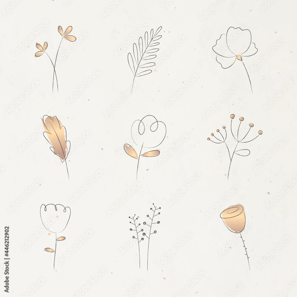 Aesthetic doodle flower set vector on beige background