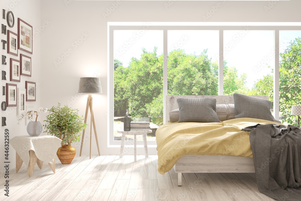 Stylish bedroom in white color with summer landscape in window. Scandinavian interior design. 3D ill