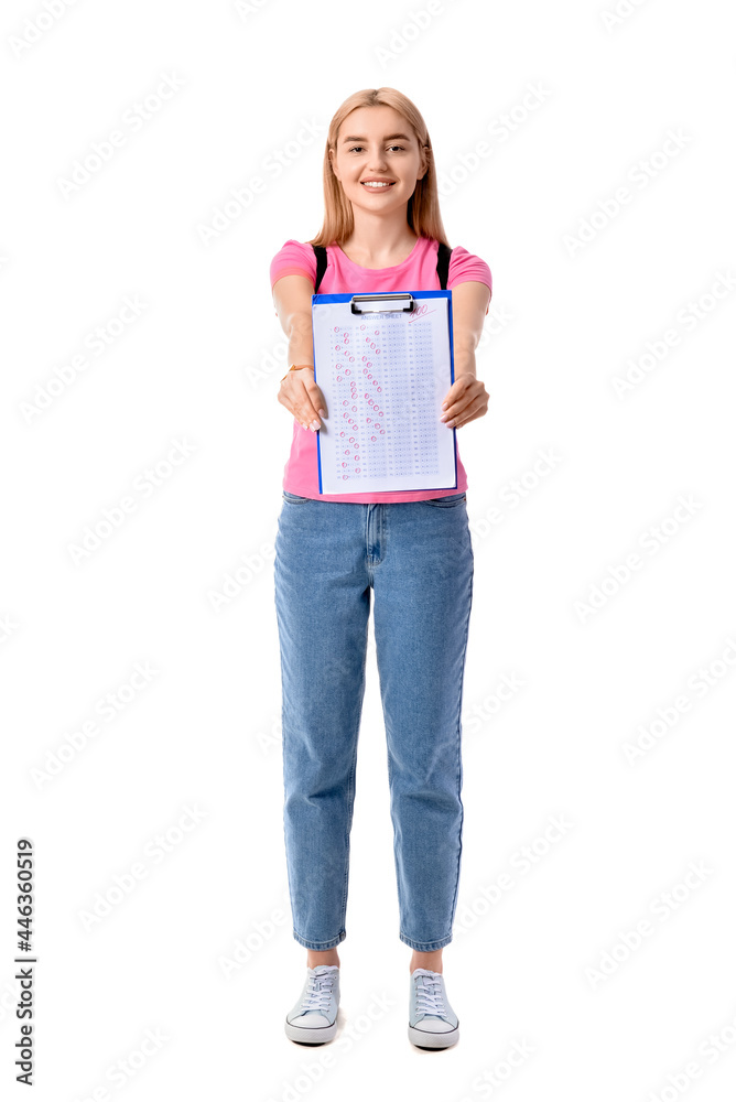 Student with answer sheet for school test on white background