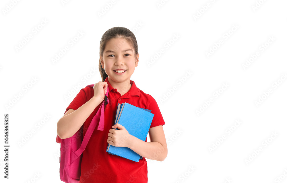 Cute Asian schoolgirl on white background