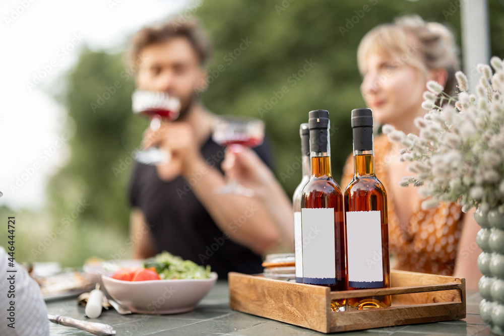 Young friends have a festive lunch outdoors, toasting and drinking wine, spending happy summer time 