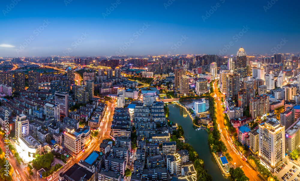 航拍中国盐城城市建筑景观夜景