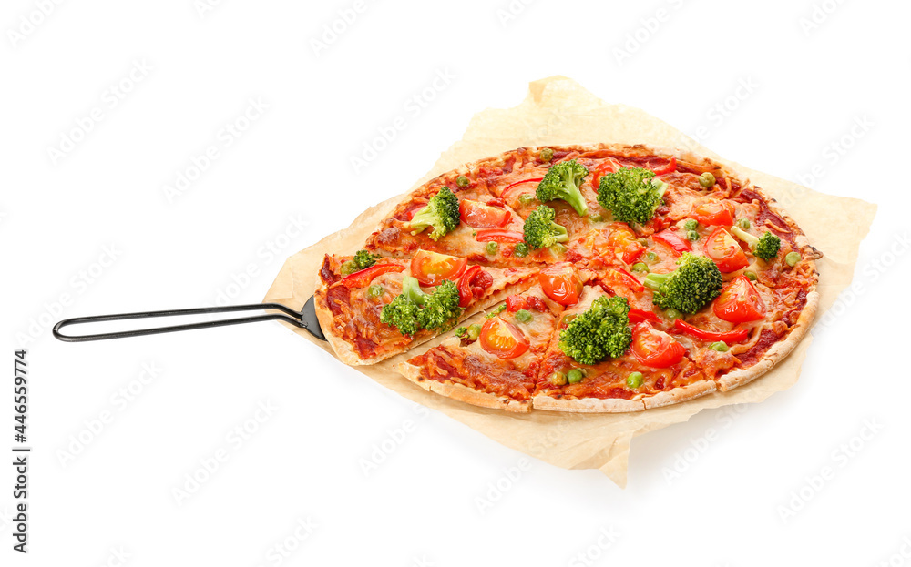 Parchment with tasty vegetarian pizza on white background