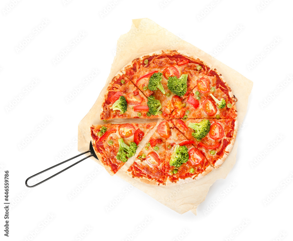 Parchment with tasty vegetarian pizza on white background