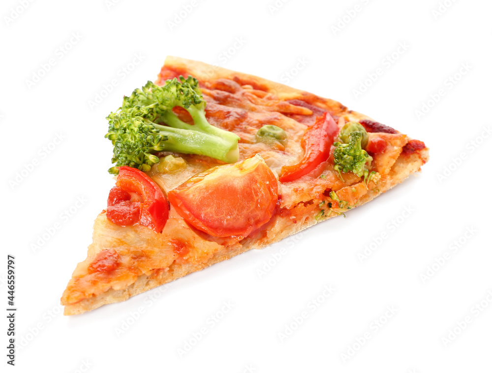 Slice of tasty vegetarian pizza on white background