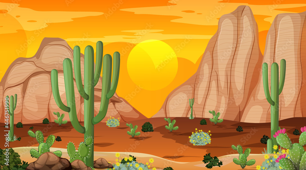 Desert forest landscape at sunset time scene with many cactuses