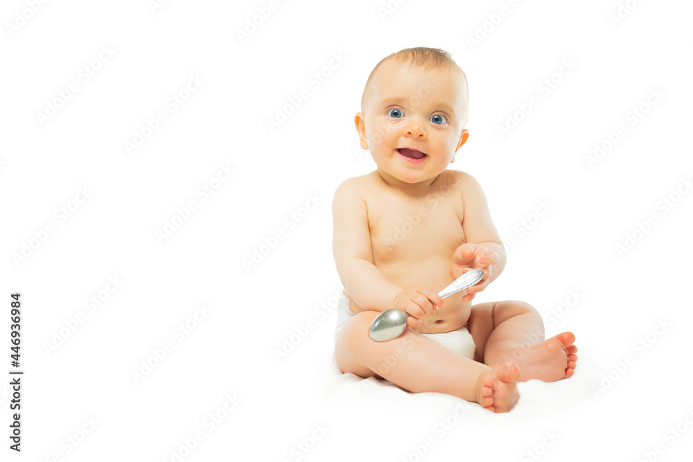 Baby in diaper isolated on white sit with spoon