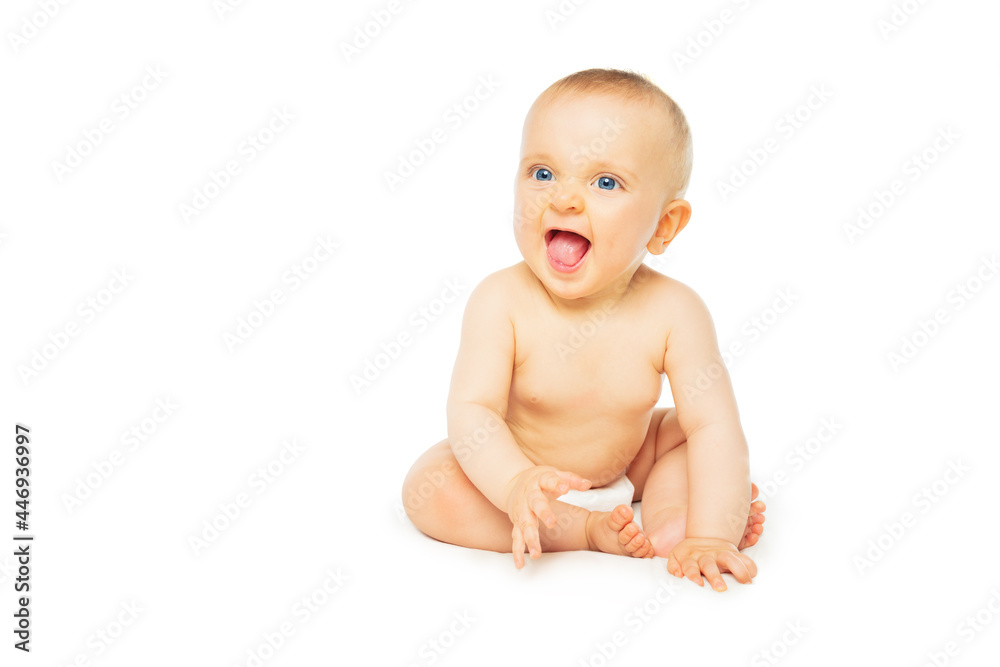 Baby girl in diaper isolated, sit smile and laugh