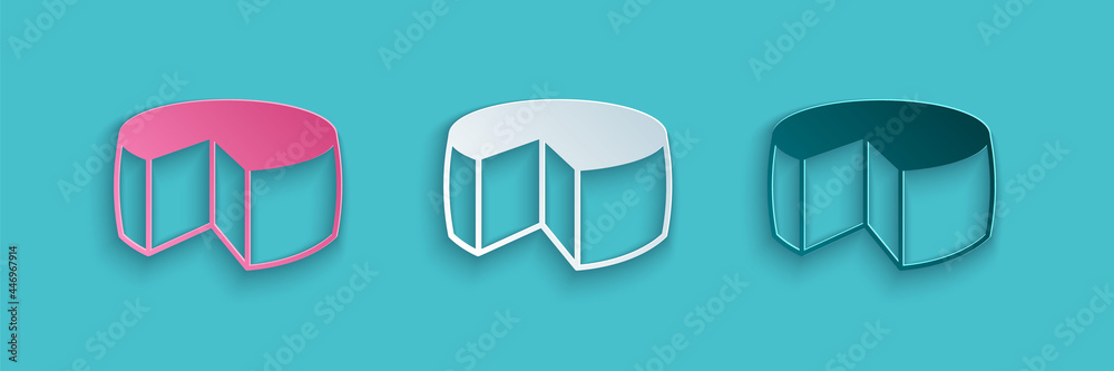 Paper cut Cheese icon isolated on blue background. Paper art style. Vector