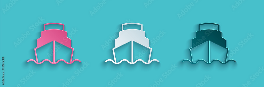 Paper cut Cruise ship in ocean icon isolated on blue background. Cruising the world. Paper art style