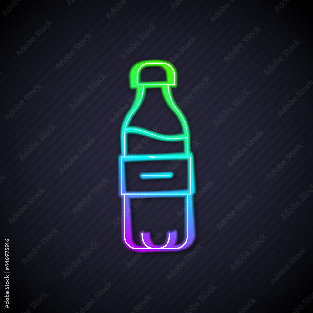 Glowing neon line Bottle of water icon isolated on black background. Soda aqua drink sign. Vector