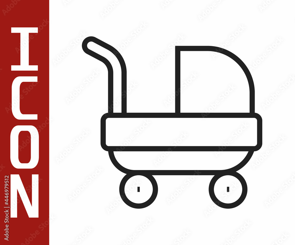 Black line Baby stroller icon isolated on white background. Baby carriage, buggy, pram, stroller, wh