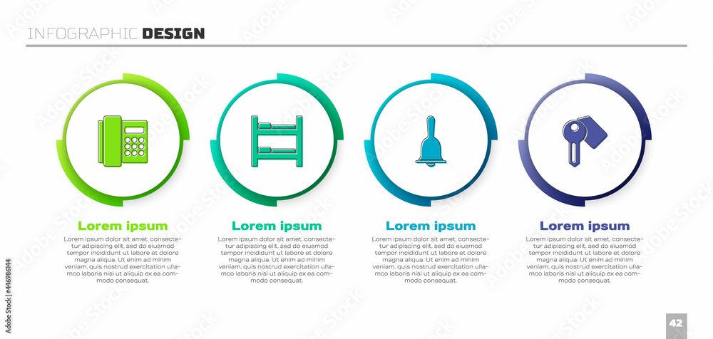 设置电话听筒、酒店客房床、服务铃和门锁钥匙。商业信息图模板