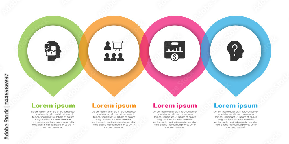 Set Head puzzles strategy, Training, presentation, Key performance indicator and with question mark.