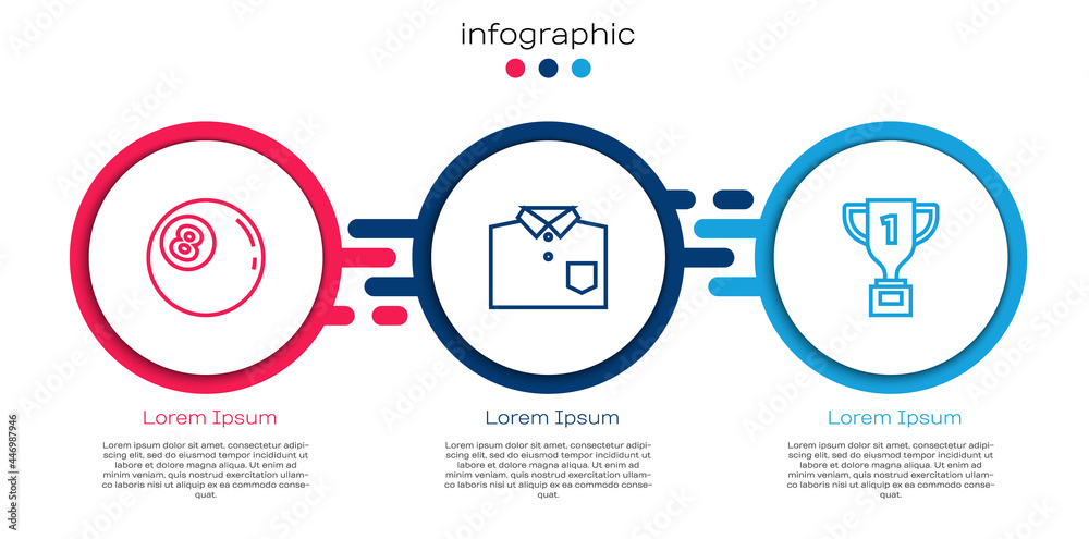 Set line Billiard ball, Bowling shirt and Award cup. Business infographic template. Vector