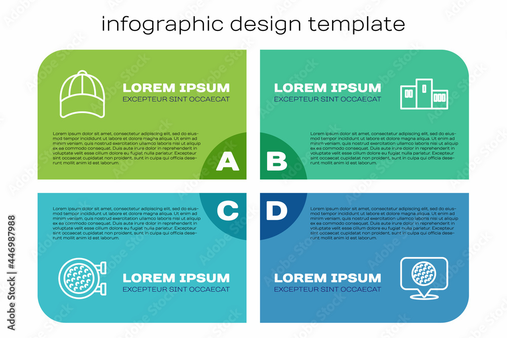 设置高尔夫运动俱乐部、棒球帽、标签和颁奖台。商业信息图表