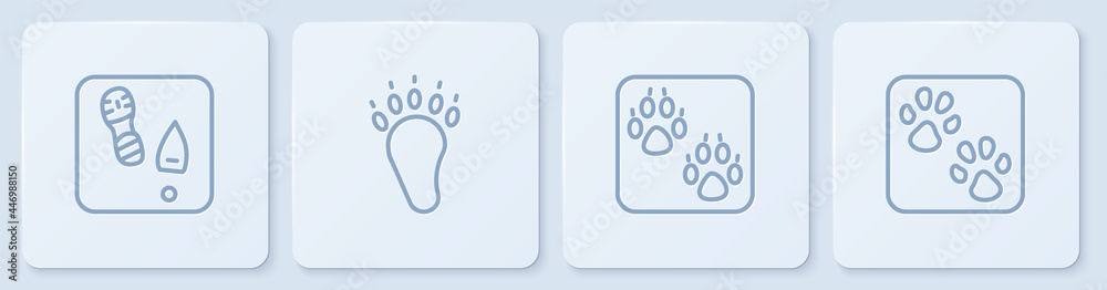 设定线人类脚印鞋、爪子、熊掌和白色方形按钮。矢量