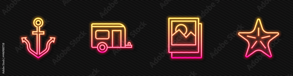 Set line Photo, Anchor, Rv Camping trailer and Starfish. Glowing neon icon. Vector